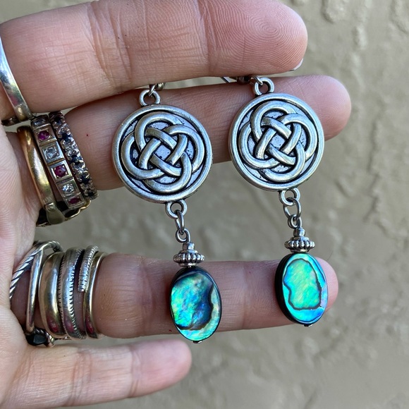 Celtic knot dangly earrings & genuine iridescent blue green abalone shell charms - Picture 7 of 10